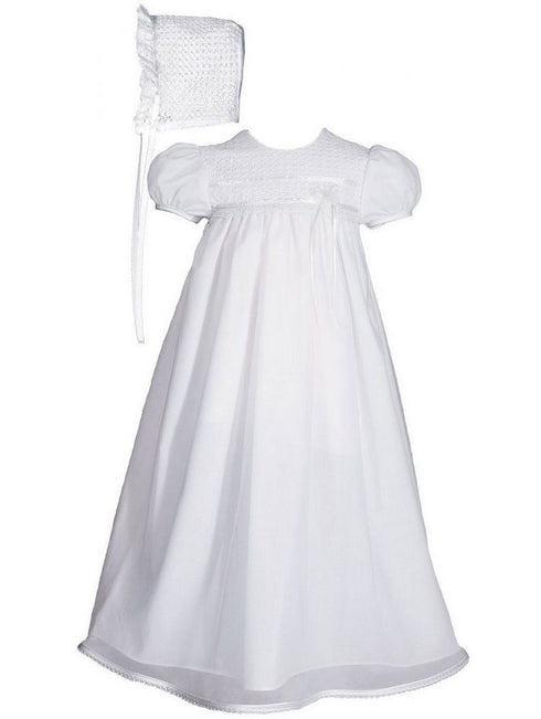Baby Girls White Poly Cotton Tricot Overlay Bonnet Christening Dress Gown 0-12M - SophiasStyle.com